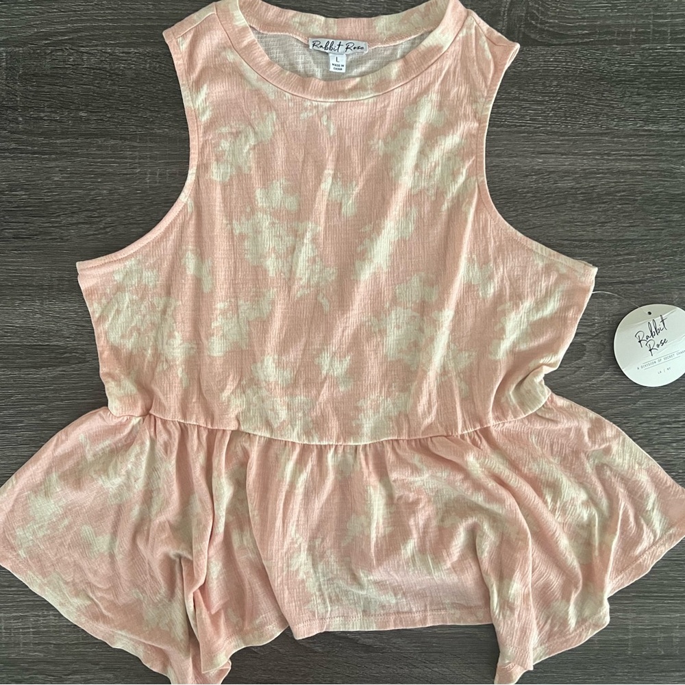 Unique Chic Pink 🌷& Cream 🐚Tye Dye Peplum Sleeveless Top | Size Large (NWT)